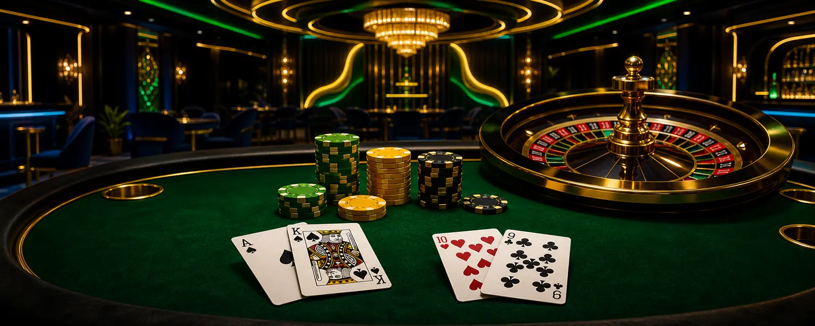 Mesa de blackjack com cartas, fichas verdes e amarelas e uma roleta europeia ao fundo num salão de cassino escuro