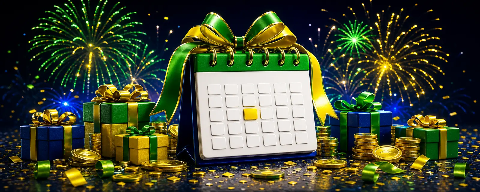 Calendário festivo com fogos de artifício verdes e amarelos, presentes e moedas de ouro sobre fundo escuro
