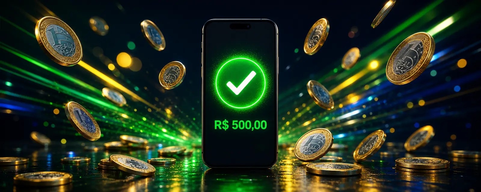 Celular mostrando um pagamento instantâneo concluído com moedas de real e um sinal verde de confirmação