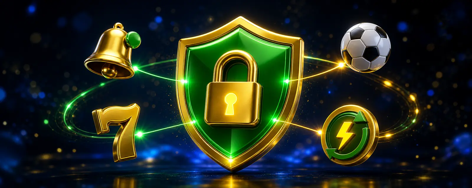 Escudo verde e dourado com cadeado cercado por um sino de notificação, um sete da sorte, uma bola de futebol e uma moeda com raio, representando os recursos e a segurança do app