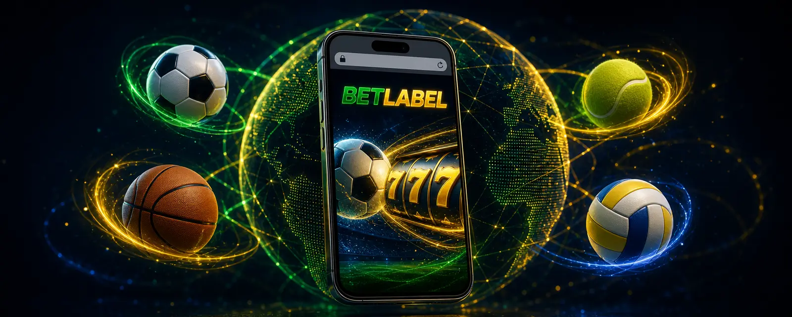Celular com o navegador aberto no site de apostas e cassino, cercado por um globo iluminado e ícones de esportes