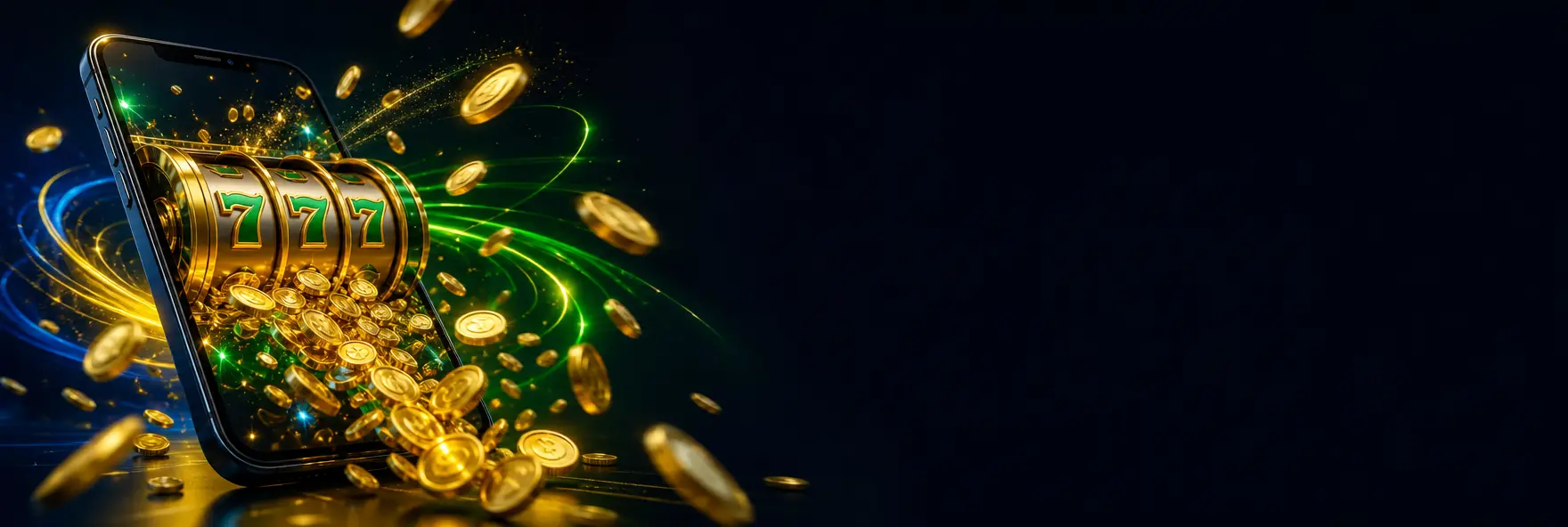 Rolos de caça-níquel com setes dourados e moedas de ouro saindo da tela de um celular sobre fundo escuro