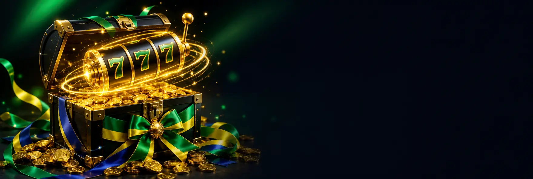 Moedas de ouro e rodadas grátis saindo de um baú com fitas verdes e amarelas num fundo escuro