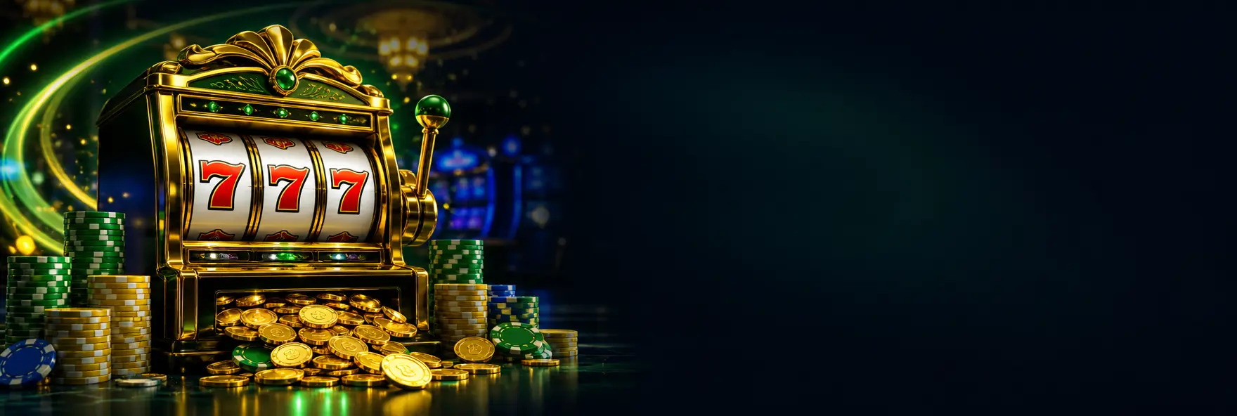 Caça-níquel dourado com setes da sorte, moedas de ouro e fichas verdes e amarelas num cassino escuro