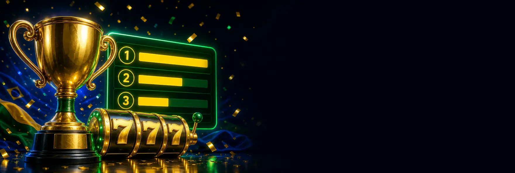 Taça de torneio dourada com rolos de caça-níquel e um ranking em neon verde e amarelo