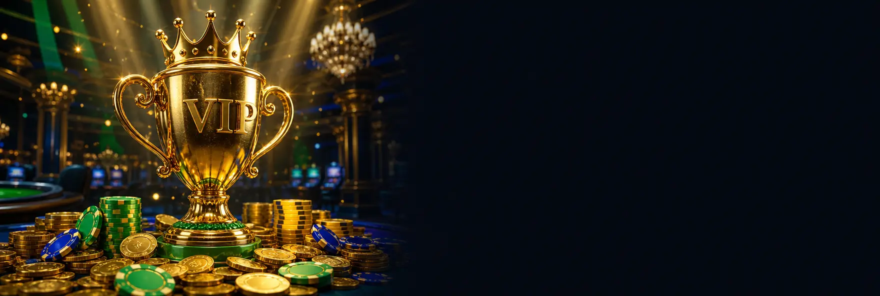 Troféu VIP dourado com coroa sobre moedas e fichas verdes e amarelas num salão de cassino escuro
